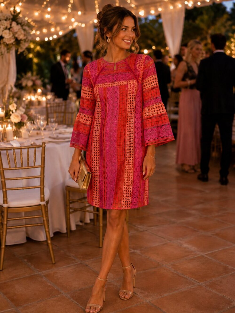 Trina Turk Crochet Lace Midi Dress Pink Orange Bell Sleeve Hidden Zipper Size 2